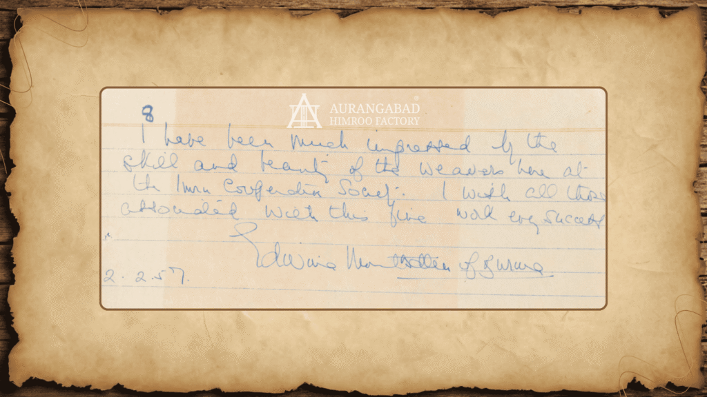 Edwina Mountbatten handwritten visitor note appreciating Himroo weavers Aurangabad Himroo Factory