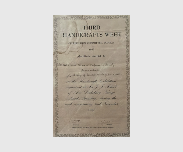 Third Handicrafts Week Exhibition certificate recipient Aurangabad Himroo Factory