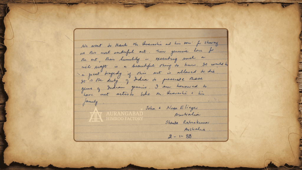 John & Nina Elliott admire Himroo weaving craftsmanship at Aurangabad Himroo Factory