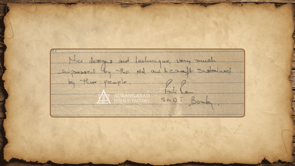 P. Nila from S.N.D.T., Bombay admires Himroo craftsmanship at Aurangabad Himroo Factory